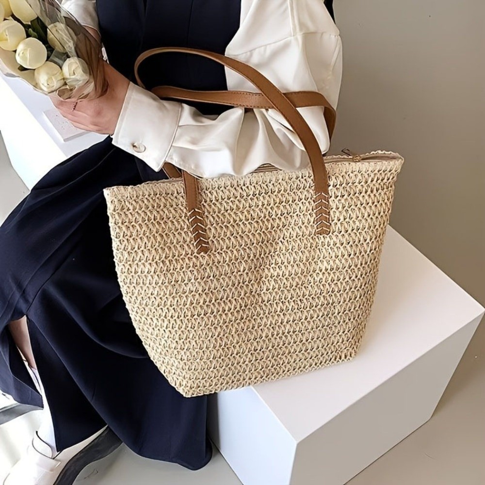 Tote Bag Beach - Borsa Tote in Paglia Intrecciata Monocolore