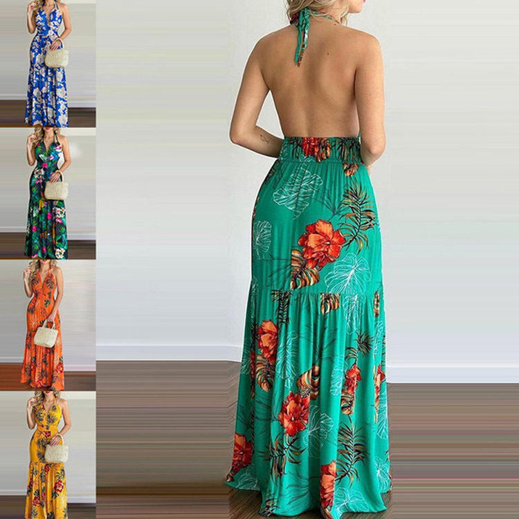 Maxi Dress Halter - Abito Lungo Floreale Maxi con Schiena