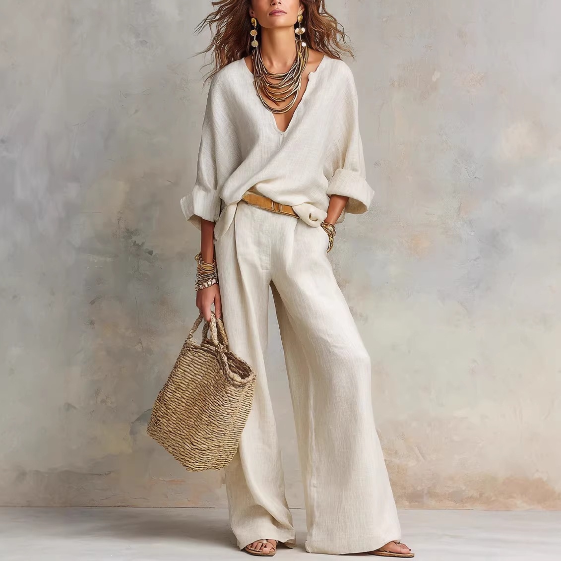 Linen Pant Wide - Completo Casual Vintage da Donna in