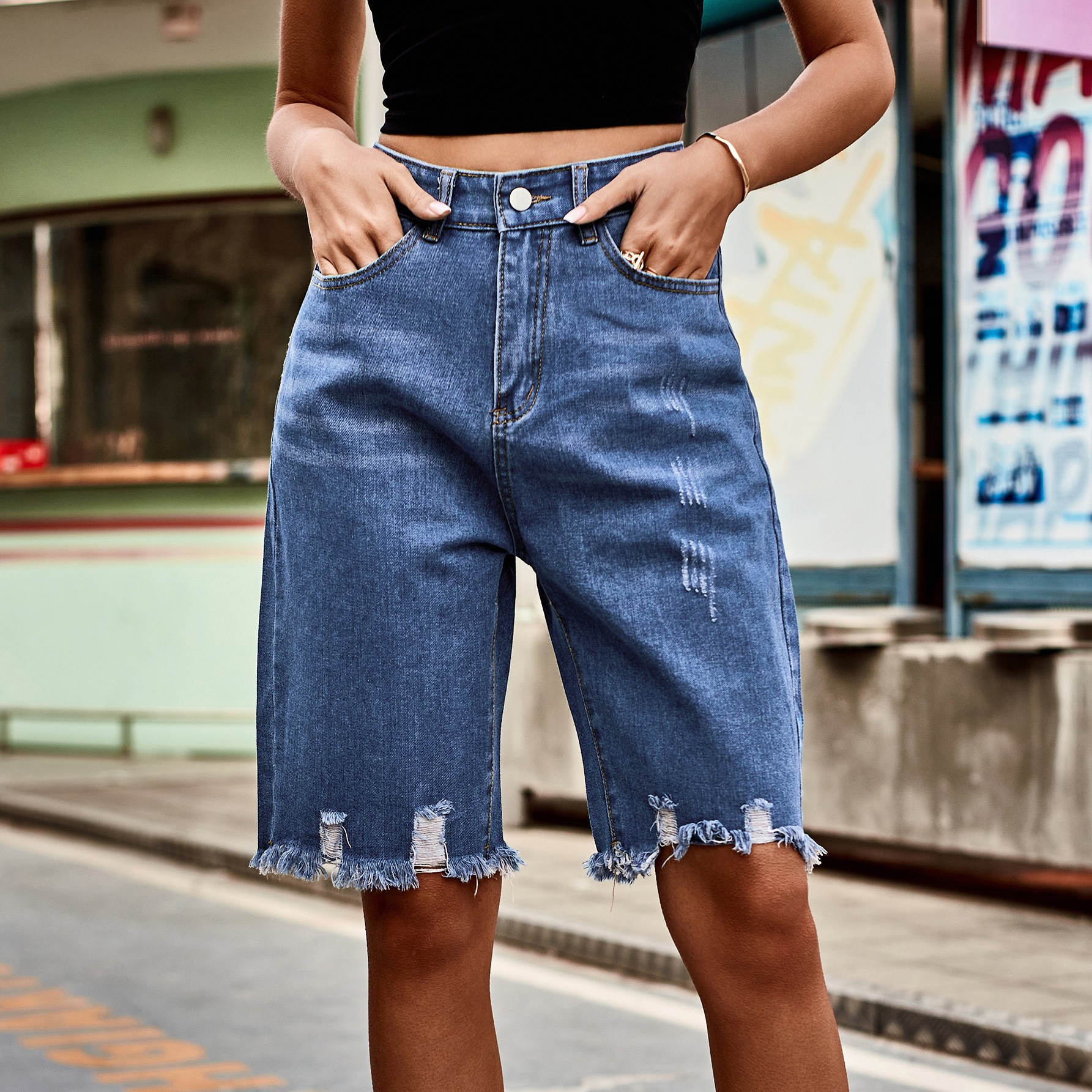 Shorts Denim Frayed - Abbigliamento estivo da donna, pantaloncini in