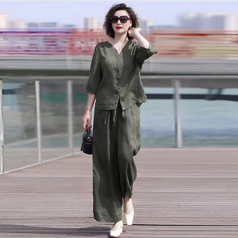 Linen Pant Wide - Set da donna in cotone e