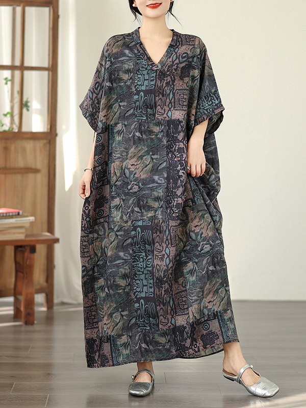 Linen Dress Wrap - Abito Lungo Estivo Floreale Stile Vacanza